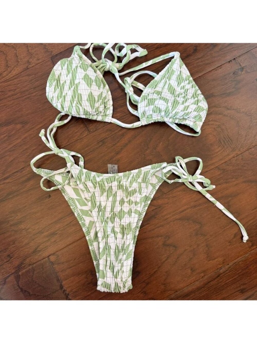 Green White Checker Smocked Ruched Bikini Size Small